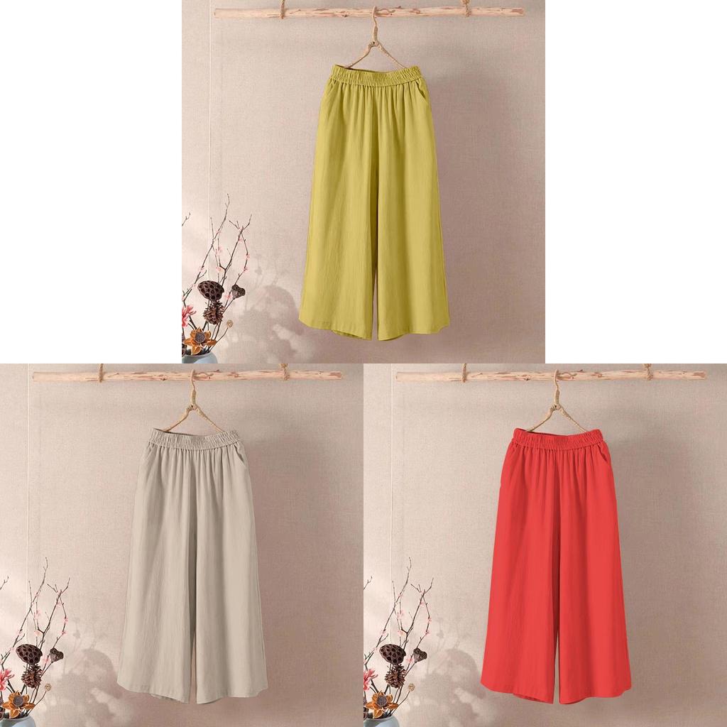 Casual Cotton Linen Wide Leg Pants For Women With Elastic Waist And Pockets For Summer Comfort
