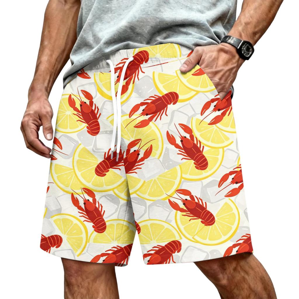 Men's Hawaiian Print Mesh Shorts with Drawstring Elastic Waist for Summer Beach and Casual Wear