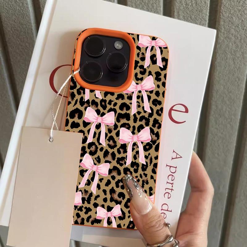Leopard Print Pink Bow Pattern Lychee Texture Phone Case For iPhone 17 16 15 14 13 12 11 Pro Max Plus 17 Air X XS XR Soft Cover