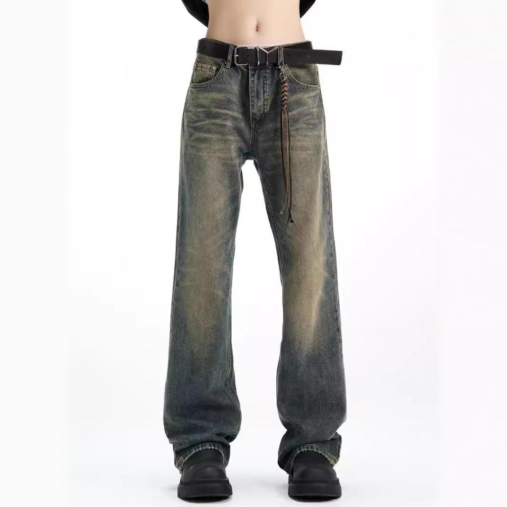 Jeans men's autumn American retro washed tide brand high street vibe pants ruffian handsome loose straight casual trousers