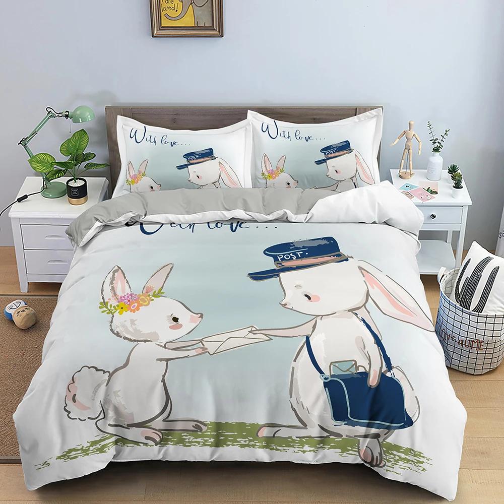Children Cute Cartoon Bunny Printing Duvet Cover for Kids Girls Boys Rabbit Takes Balloon White Duvet Cover Bedroom Decorations