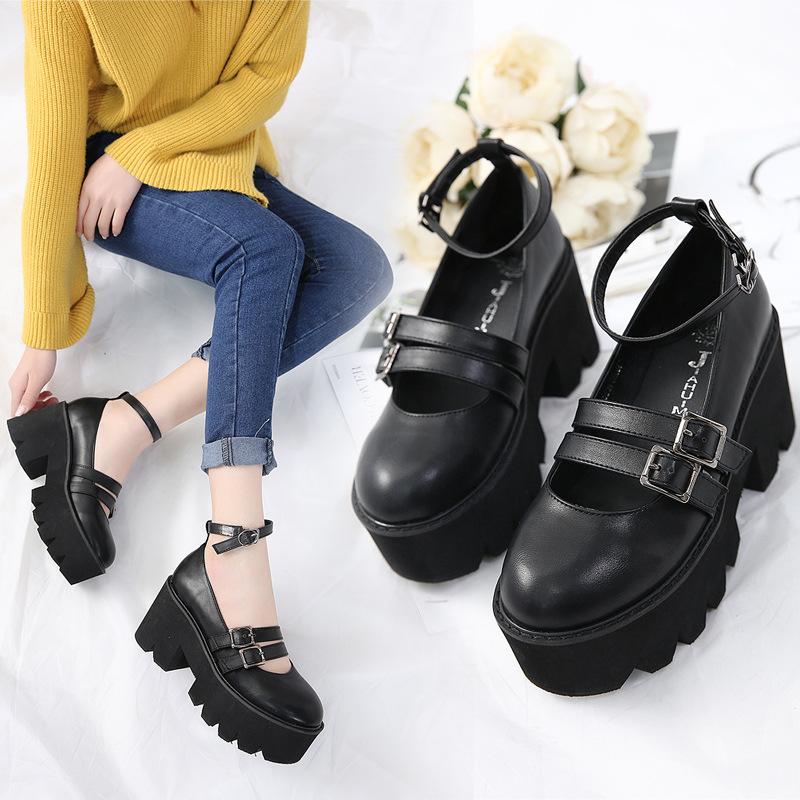 Womens Pump Gothic Shoes Ankle Strap High Chunky Heels Platform Punk Creepers Shoes Female Fashion Buckle Comfortablede39