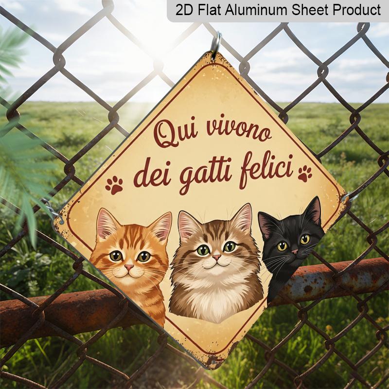 2D Flat, 1pc Vintage Cat Group Themed Aluminum Sign, Funny Italian Slogan Wall Art, Rustic Aluminum Plaque, Suitable for Cat Cafe, Pet Shop, Home