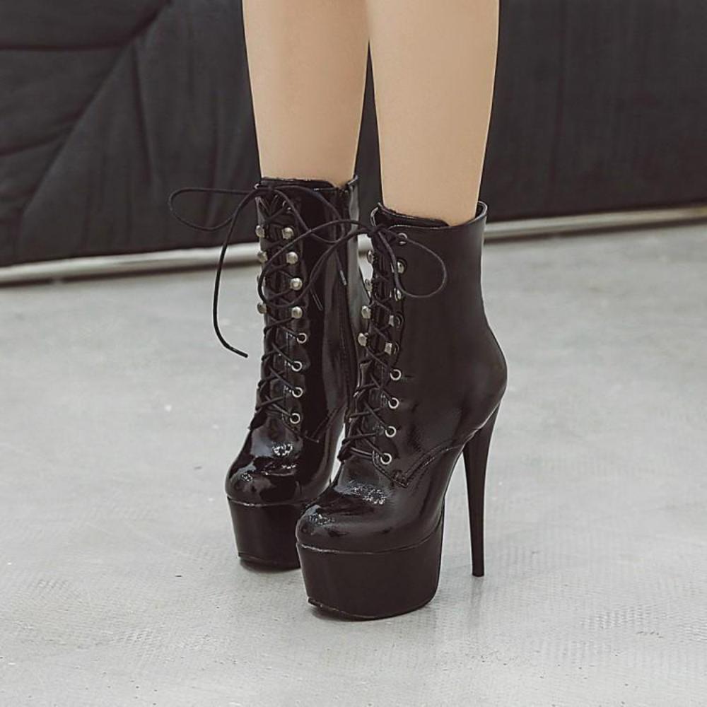 Women Sexy High Heels Winter Ankle Boots For Women Leather Lace Up Fetish Shoes 48 чёрный