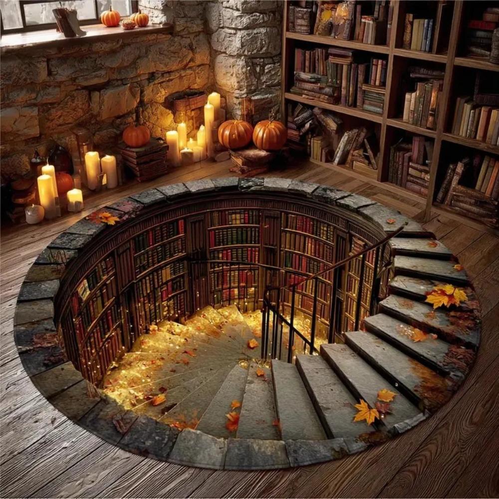 Runder Teppich mit 3D-Illusion Treppenhaus der Bibliothek, Gemütliches literarisches Geschenk für Zuhause, Teppich für Lesezimmer