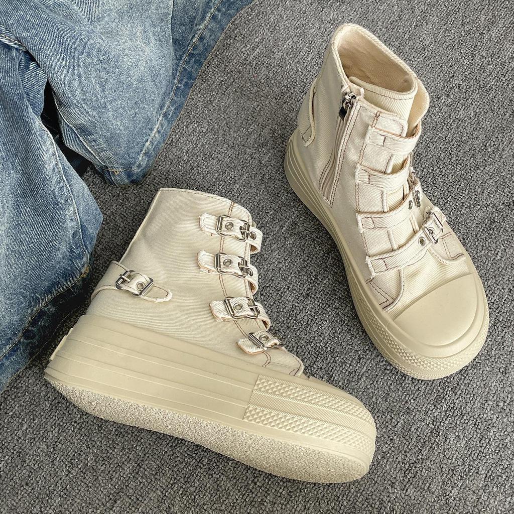 Retro  Buckle Design Thick Soled Casual Canvas Short Boots for Women  Autumn Comfortable Non Slip Chunky Ankle Boots