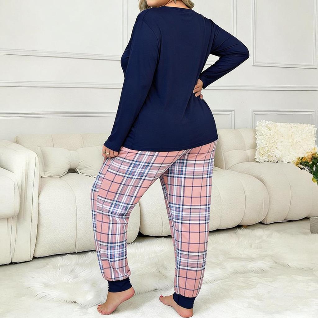 Women's Plus Size Heart Print Pajama Set - European & American Style, Long Sleeve Loungewear