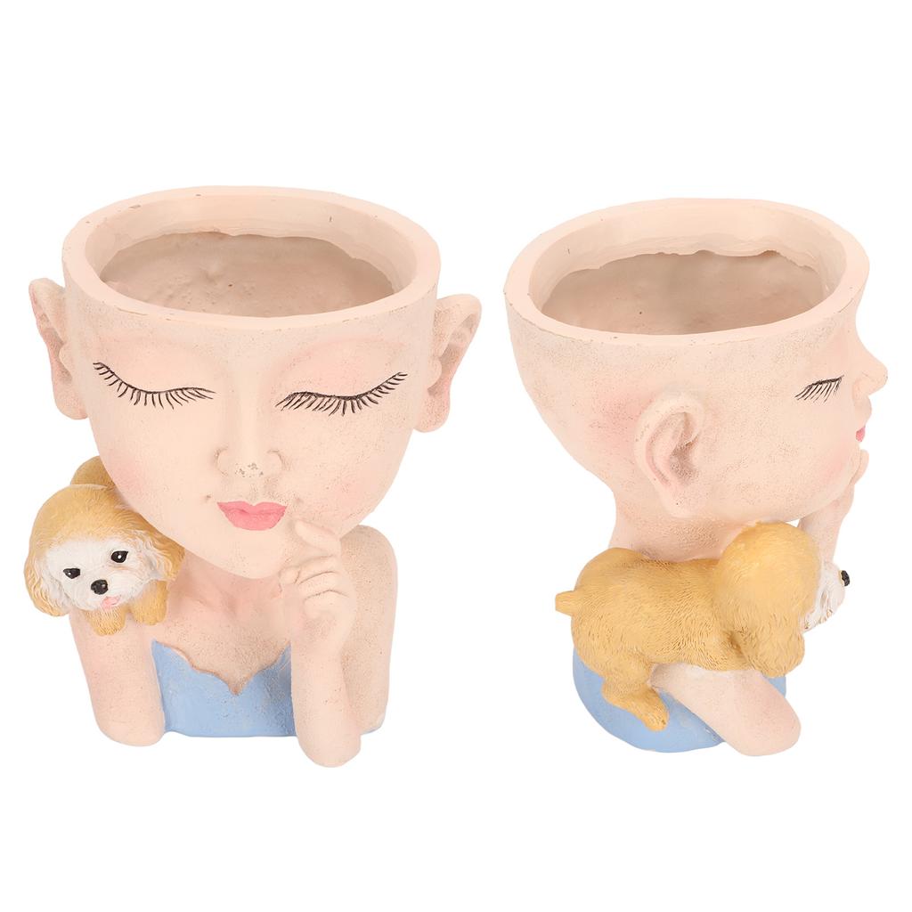 Blomkruka Flicka och Hund Söt Stil Dräneringshål i Botten Dekorativ Harts 12.5x11x14cm Skrivbordsplanteringskruka