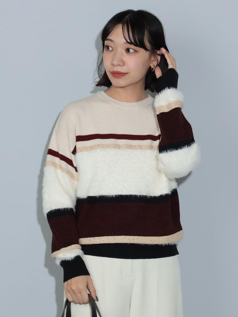 Knit 3D Border Knit IVORY FREE [Beams Heart] L/S Women's