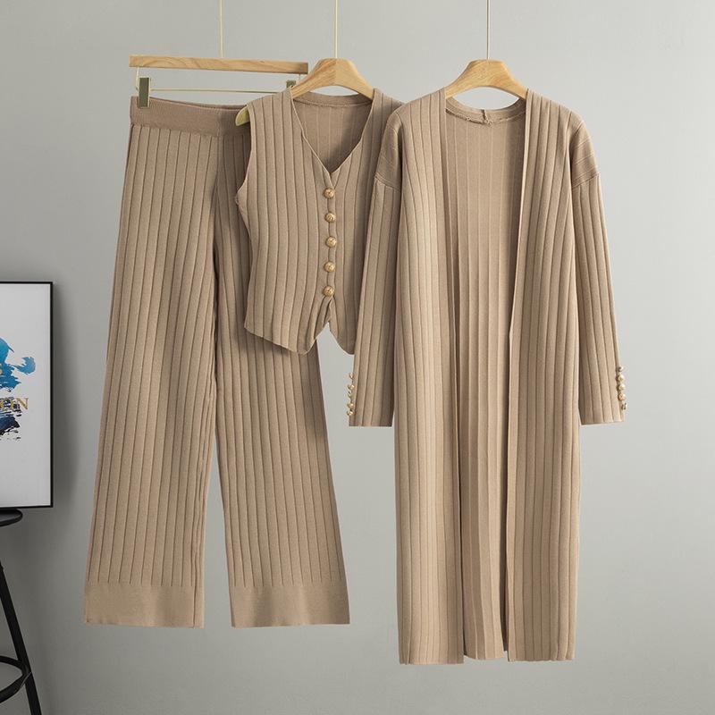 

Women s Russian Fashion V-neck Sleeveless Vest, Casual Jacket, Wide-leg Pants Knit Three-piece Set for Spring & Autumn One Size хаки