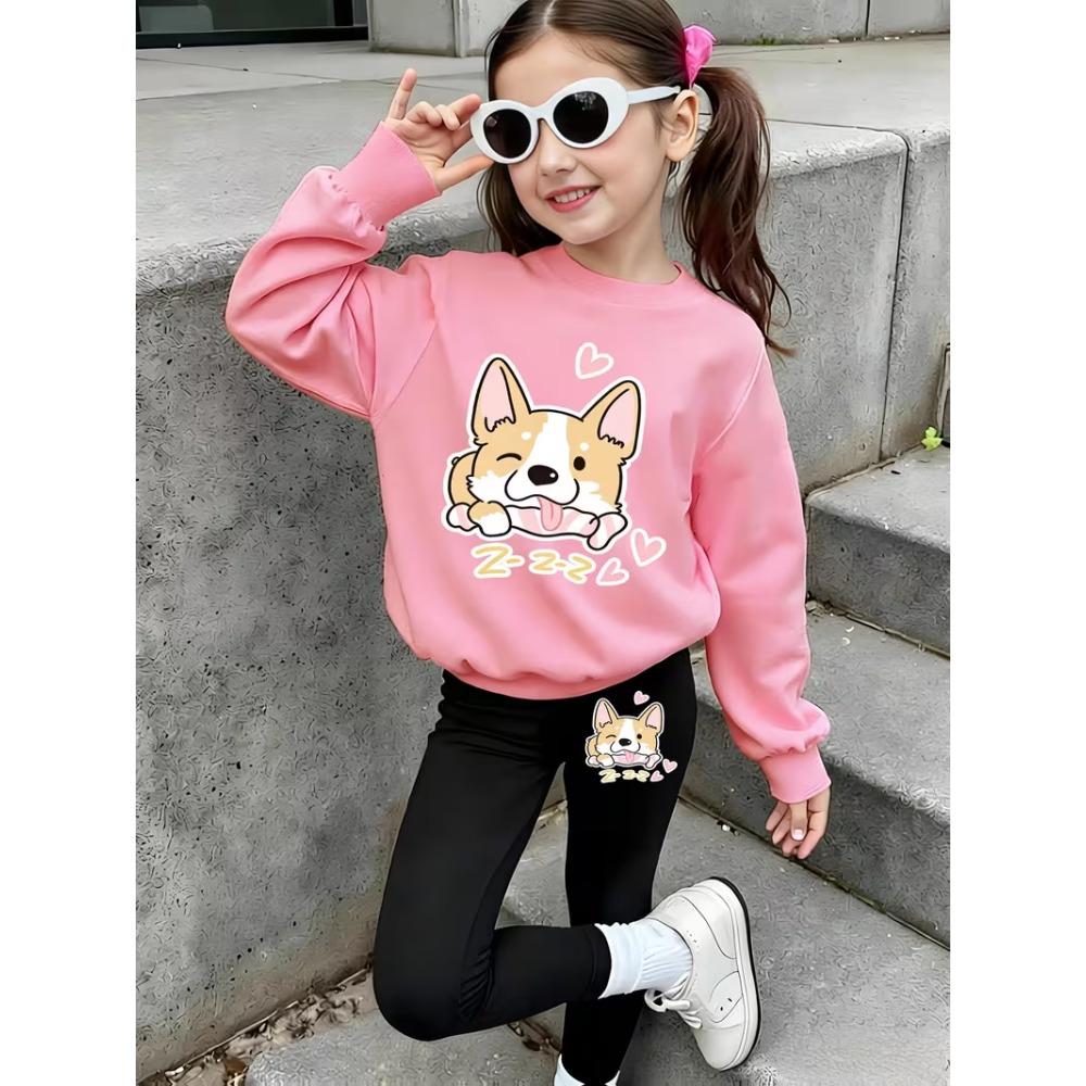Girls' Cute Corgi Casual Comfortable Soft Loose Pullover Sweatshirt and Leggings 2-Piece Set, New Autumn/Winter, Playful, Sweet and Cool Style