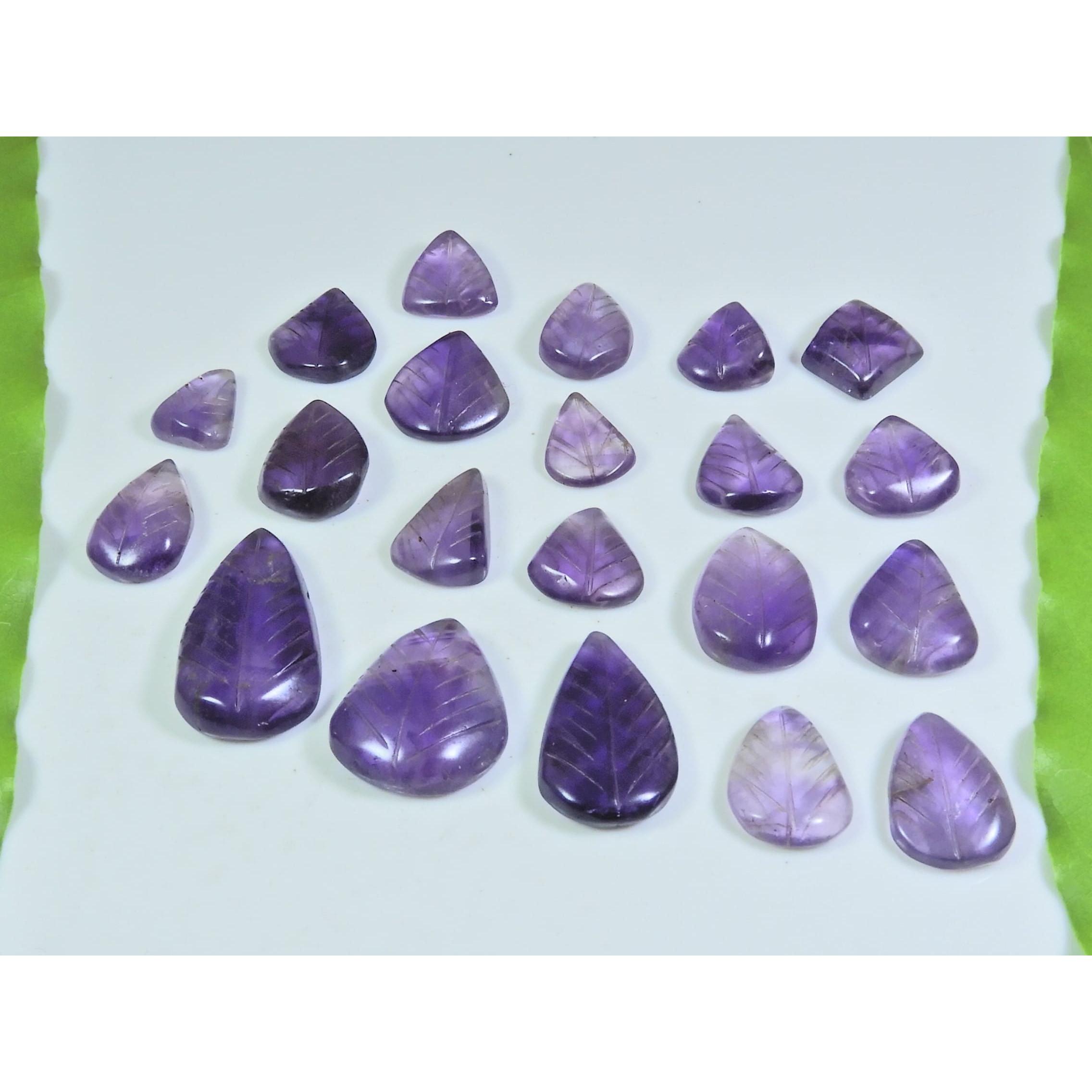 

148Cts. Natural Amethyst Leaf Carving Pear Cabochon Loose Gemstone 22Pcs Lot A-547