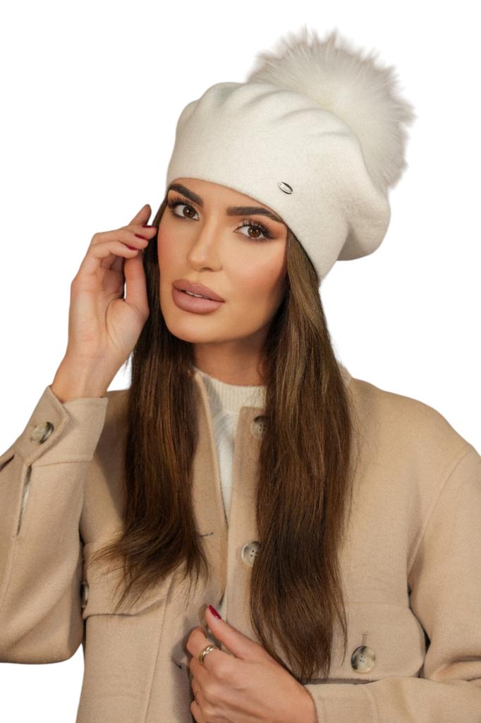 Women' Winter Wool Beret, Ecru Color, Kamea-Fuji-Natural Pompom