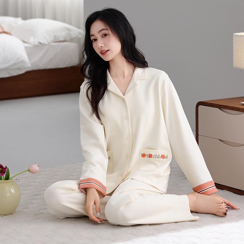 Pajamas Women's Spring and Autumn Autumn Pure Cotton Long-sleeved Cardigan Thin Cotton Women's Simple Temperament Loungewear Can Be Worn Outside
