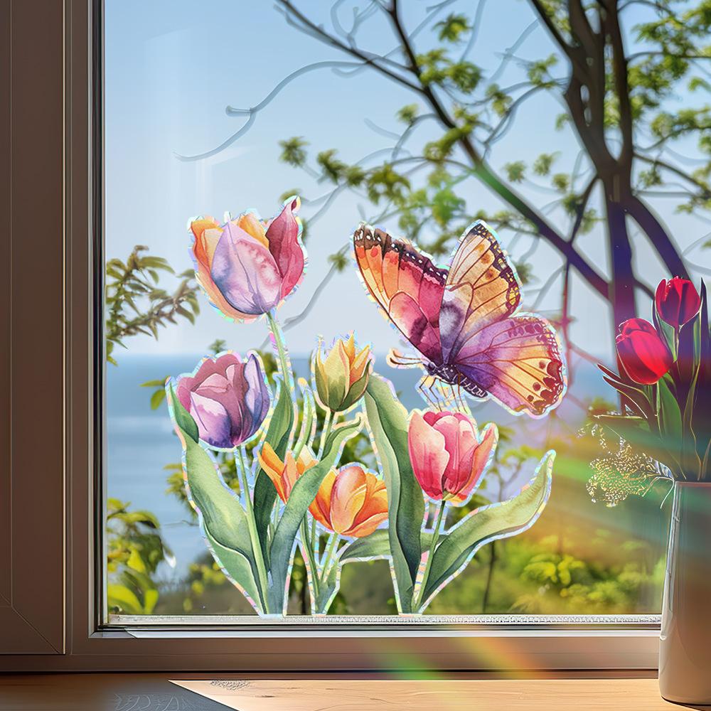 Colorful Tulip Butterfly Home Balcony Glass Door and Window Background Beautification and Decoration Window Stickers