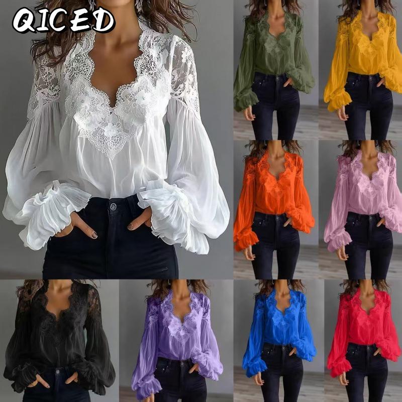 QICED Women's Fashion Casual Solid Color Print Long Sleeve V Neck Blouses & Shirts