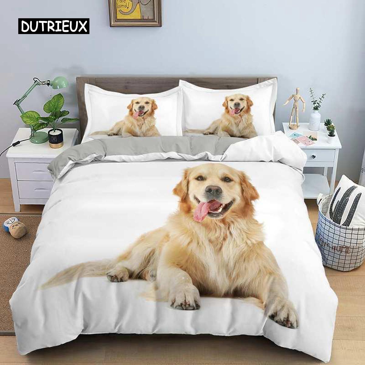 Honden Dekbedovertrek Set Golden Retriever Queen Size Beddengoed Set voor Jongens Meisjes Microfiber 3D Dieren Thema Grappige Honden Dekbedovertrek EU single(135x200cm)