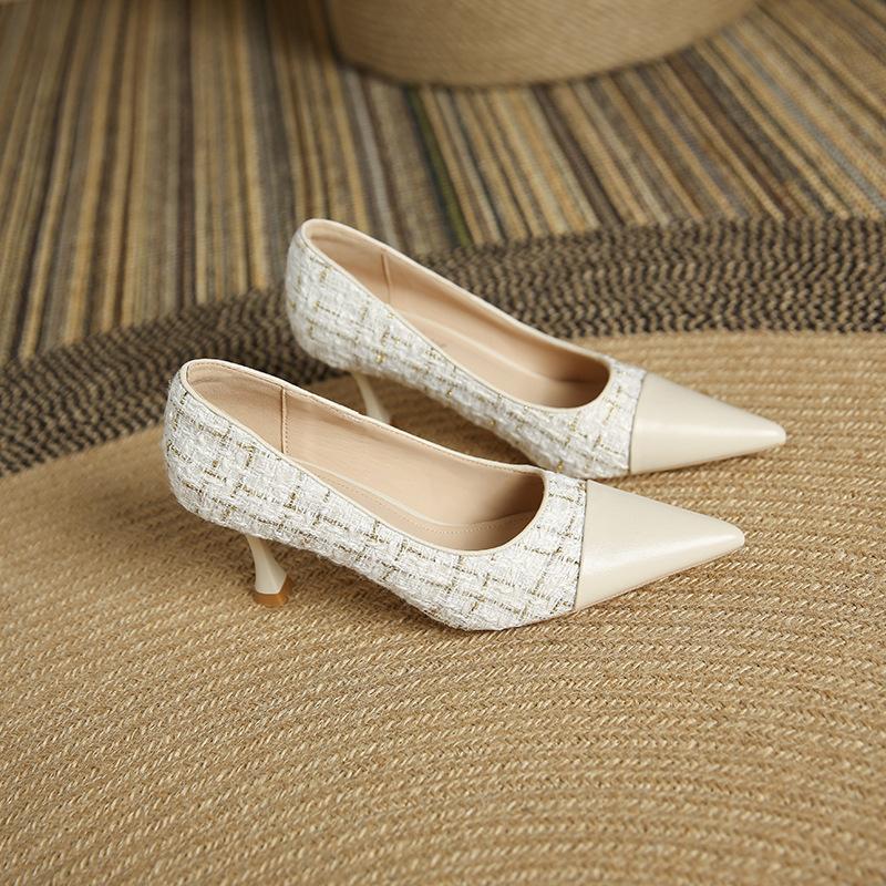 3351-16 French Pointed Head Color Matching High Heels Women's 2025 New Pointed Head Thousand Bird Grid Shallow Mouth Temperament Single Shoes Women