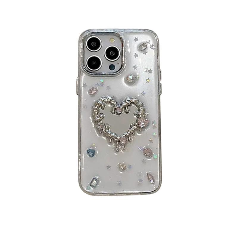 Applicable To Iphone16Promax Mobile Phone Case Apple 17 Female Epoxy Rhinestone Love Mirror 14 Sequins