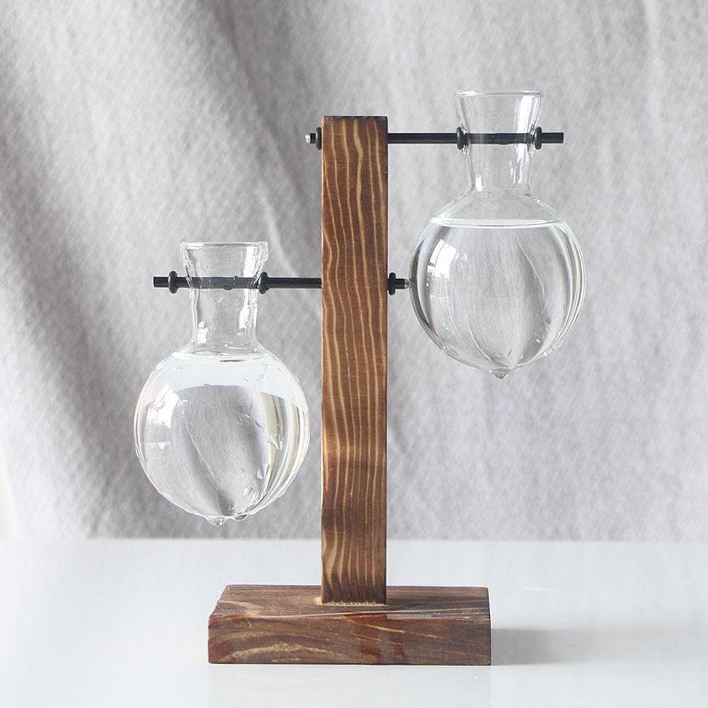 Hydroponic Vase with Wooden Stand Retro Glass Bulb Plant Propagation Station for Home Decoration