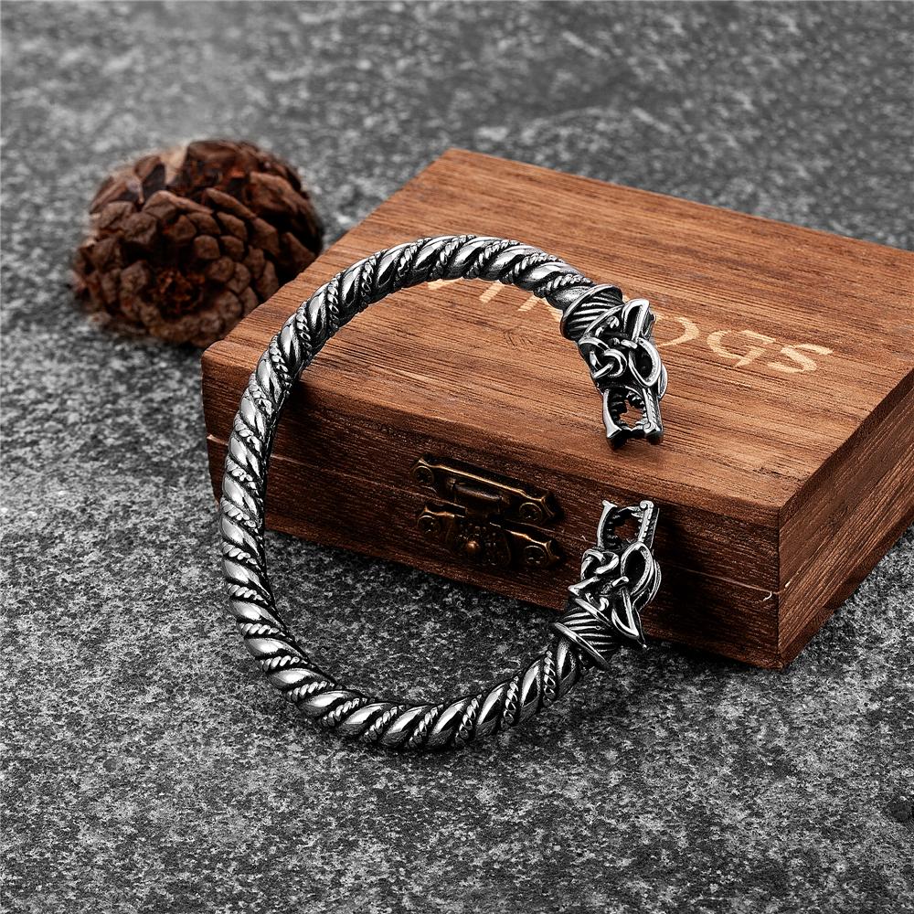 Nordische Dämon Ziege Drache Wolf Armreifen Herren Wikinger Runen Vintage Edelstahl Armreifen Amulett Armband Isländischer Schmuck