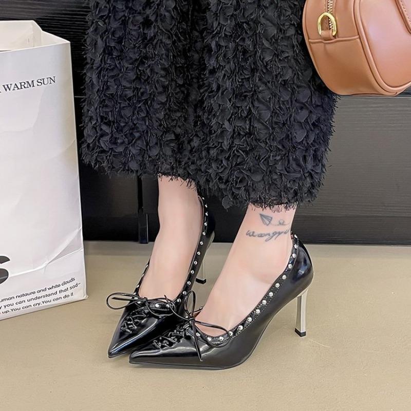 

2026 Summer New Pointed Leather Braid Bow High Heels Women S Metal Heel Rivet Stiletto Toe Sandals White Temperament 35