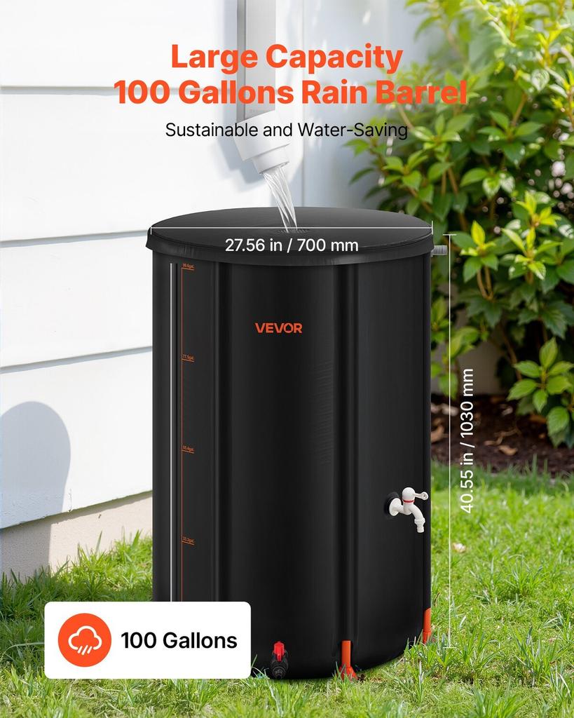 Faltbarer Regentonnen, 380 L Tragbarer Regenwassersammeltonne, 1000D PVC Regenwassersammelsystem, Gartenwasserauffangbehälter Lagerung