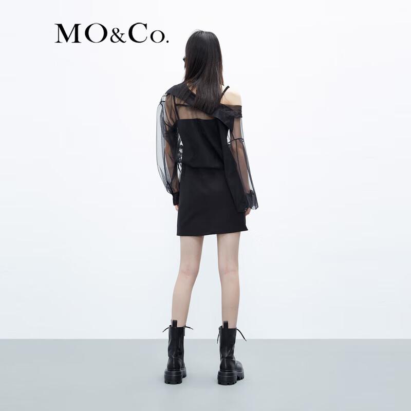 MO&Co. Women's Sheer Spliced Shirt Collar Black Dress