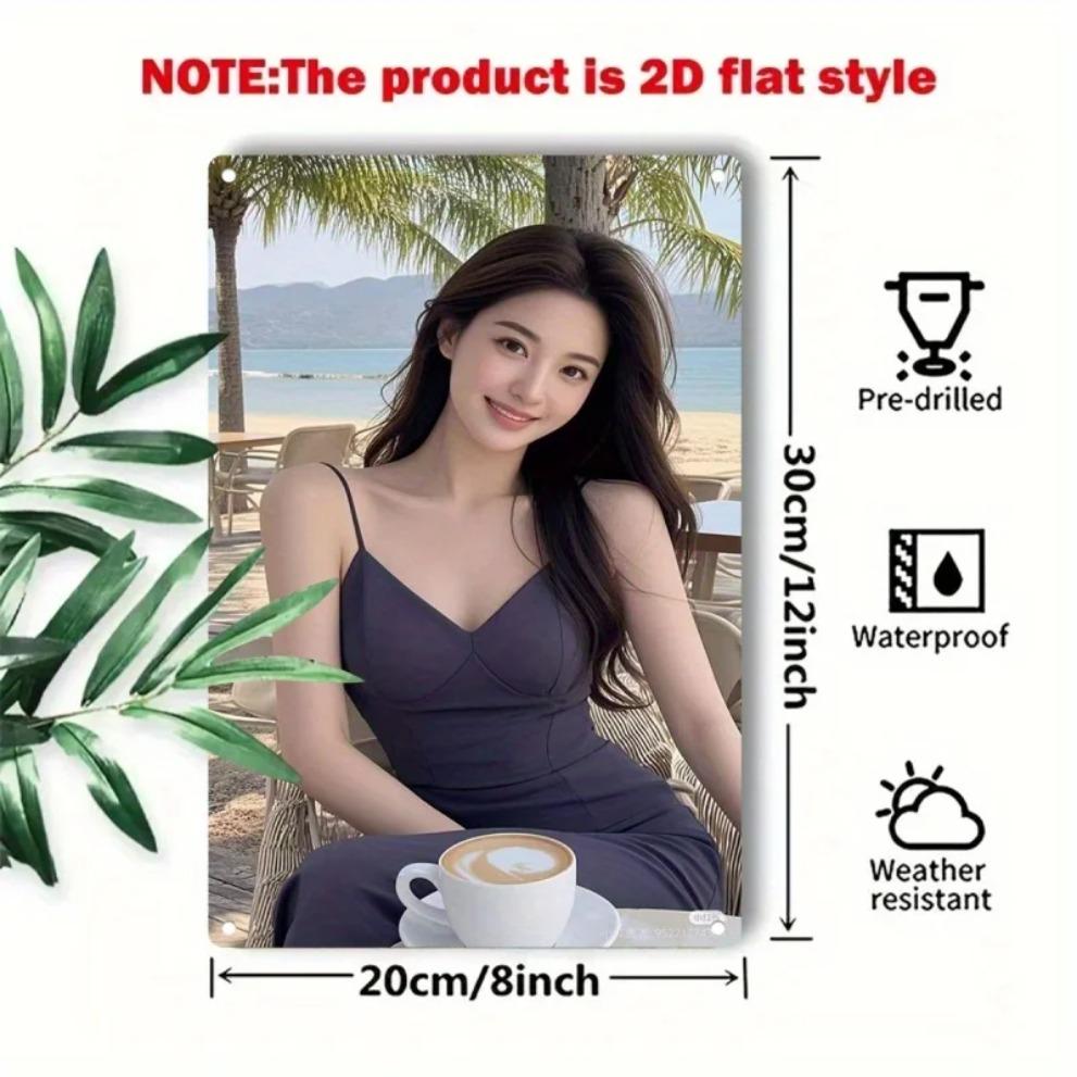 Hisun Tin Sign HD Metal Tin Sign Elegant Asian Beauty In Dark Blue Slip Dress At Beach Cafe Wall Art Retro Metal Plaque for Home Decor X Inc