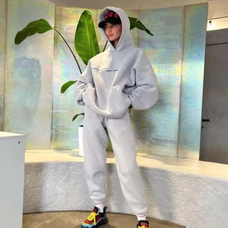 Women Autumn Winter Loose Hooded Long Sleeve O Neck Hoodies Suit with Printed Top and Wide Leg Pants