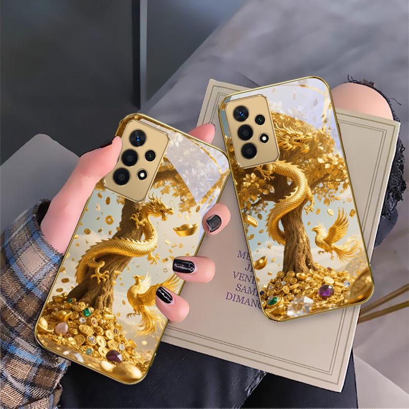 Goldener Drache sich windend Für Samsung A 01 52S A04 A05S A10 A12 A13 22 23 24 36 42 M02 Note 10 20Ultra 8 9 Goldene Glas-Handyhülle