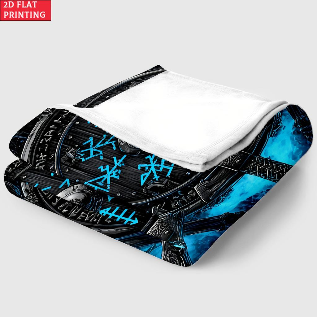 Viking Valhalla Raven Shield Flannel Throw Blanket Nordic Rune Axe Blue Smoke Print Warm Gift Blanket