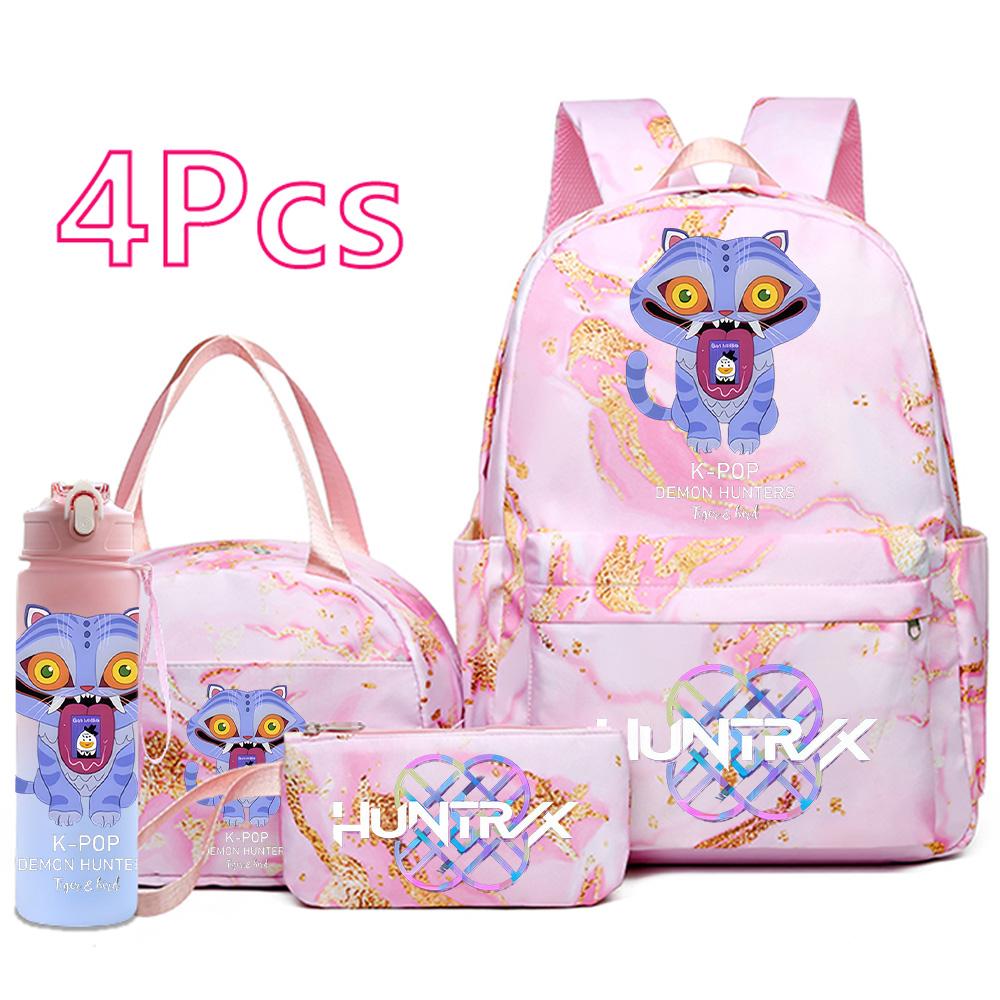 4Pcs/set New Cartoon K-Pop Printed Backpack Handbag Pencil Case with 750Ml Water Bottler for Teenager Boy Girl Schoolbag Large Capacity Bookbag