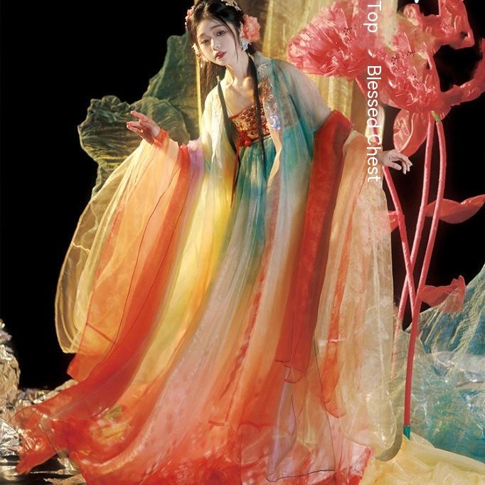 Hanfu Gradient Fish Scale Print Suit Gradient Tričko s velkým rukávem Koi Hanfu Fairy Elegantní dámské oblečení