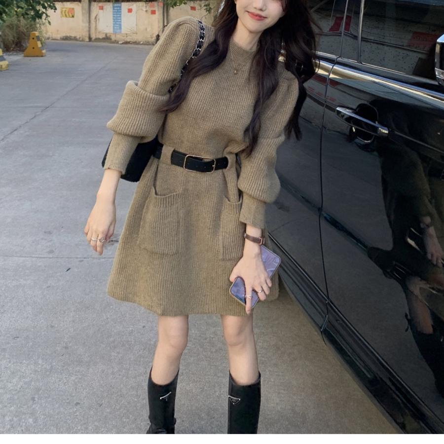 New French Style Petite Knit Dress for Women, Long Sleeve Loose Knit Base Dress for Fall Winter