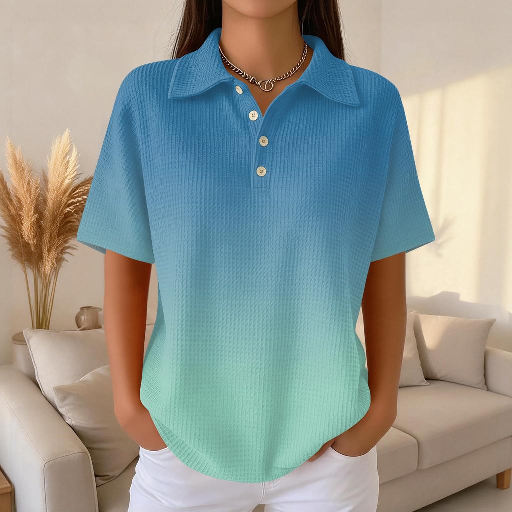 Polo Décontracté à Manches Courtes pour Femme en Tricot Gaufré Col Boutonné Coupe Ample Haut Léger pour un Usage Quotidien
