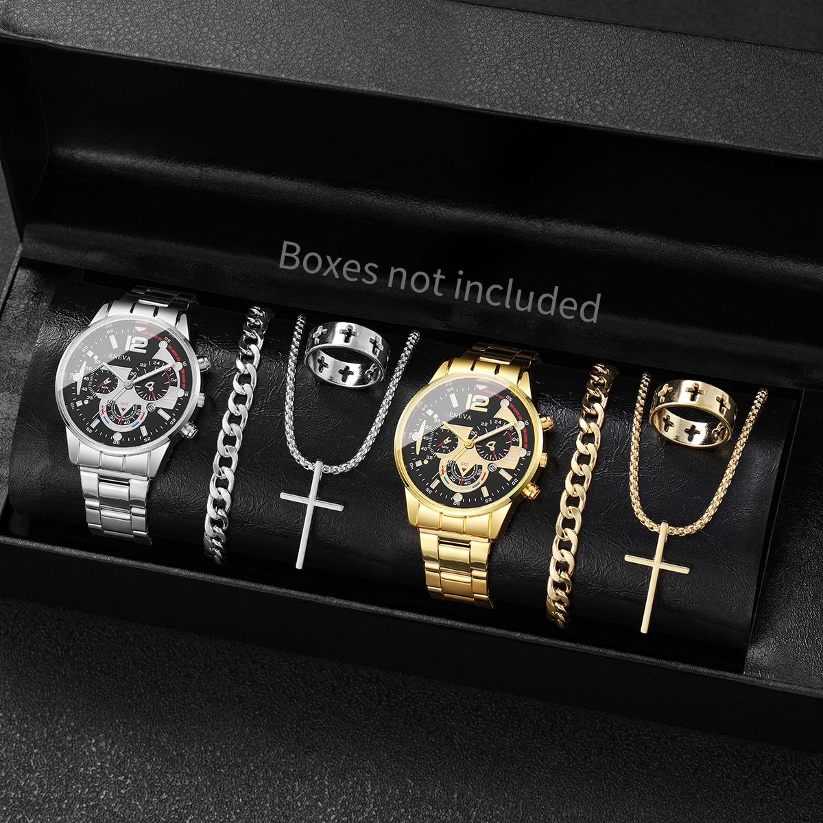 

8pcs/set Men s Fashionable High-end Digital Scale Small Dial Classic Simple Quartz Watch+bracelet+necklace+ring (box Not Include