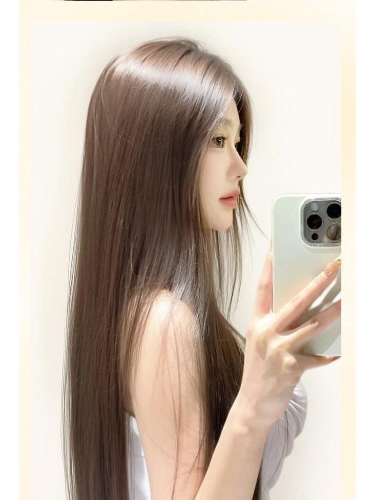 Schwarze lange gerade Perücke im koreanischen Stil mit Mittelscheitel und Pony - Vollkopfbedeckung für Damen