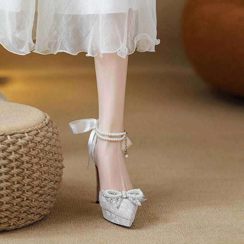 Wedding high heels with wedding dress pearl chain stiletto 12cm Mary Jane shoes waterproof table not tired feet single shoes 2025