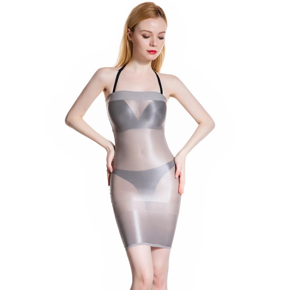 Qinghe Shebin Tube Top Hip Skirt Sexy Lace Dress Fashion Tight Gloss Shiny Chest Wrap Short Skirt Stockings