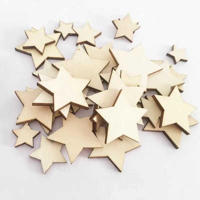 100pcs/lot Unfinished Wooden Stars Ornaments, Assorted Size Cutout Blank Wood Pieces Star for Christmas Wedding Party DIY Crafts