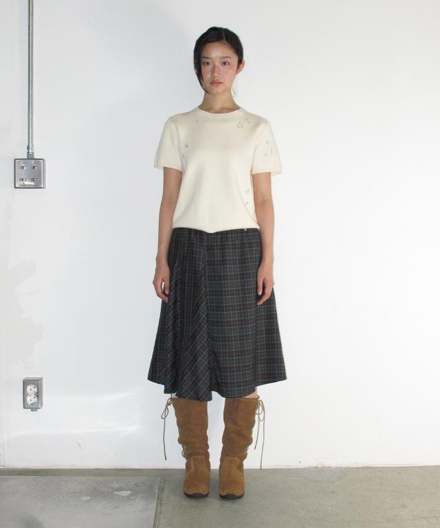 RONRON Check Flare Banding Midi Skirt Green