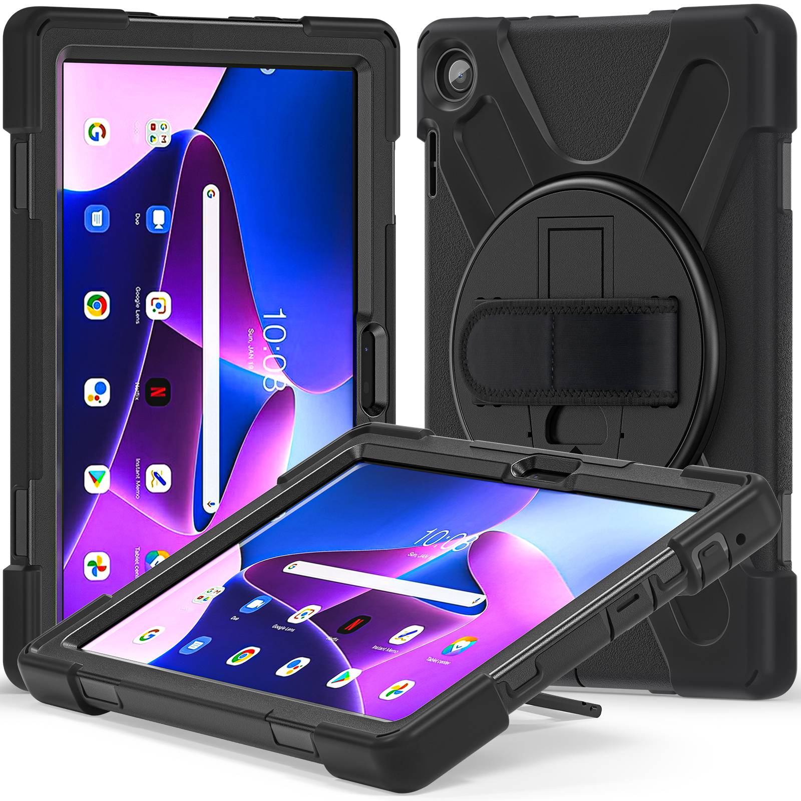 

For Lenovo Tab M10 (Gen 3) TB-328FU/TB-328XU Kickstand 360 Degree Rotation Hand Strap Tablet Case PC+Silicone Protective Cover Black