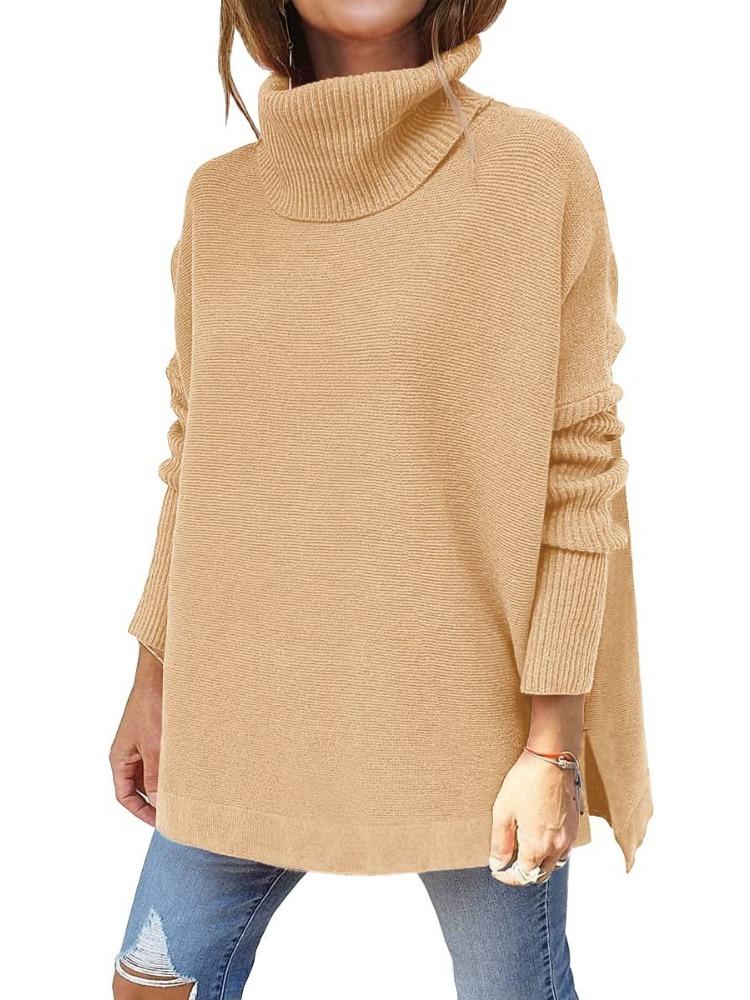Women's Oversized High Neck Sweater Mid Length Batwing Sleeves Split Hem Waist Tied Pullover Luxurious Relaxed-fit Slimming and Versatile Top
