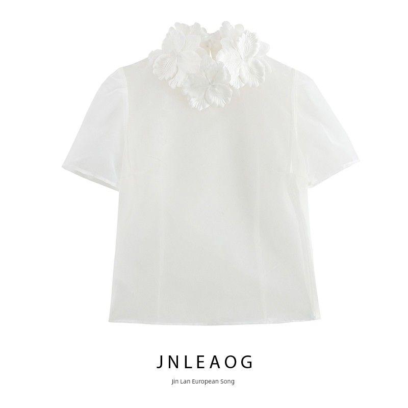Jnleaog Spring New Arrival Women's Clothing Fashion Style French Fashion Elegant Three-Dimensional Flower Decoration Transparent Shirt