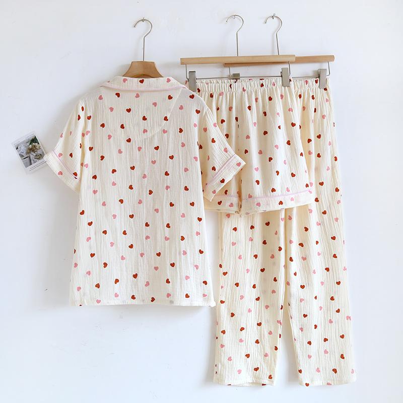 New Summer Pajamas Set 100% Cotton Crepe Love Short Sleeves + Shorts + Pants Three Piece Set Buckle Cute Ladies Pajamas
