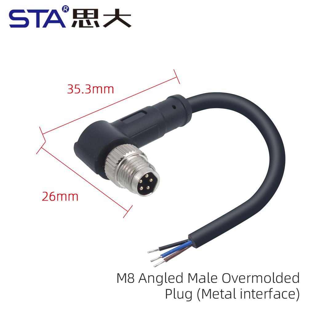 M8 IP67 Waterproof Connector Metal Interface Straight /Right Angled Male Aviation Plug Molding Cable 3 4 Pin 5B Code 1M 2M 5M