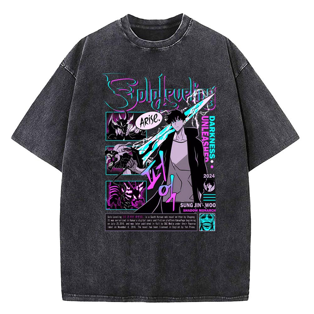 Vintage Washed Solo Leveling Cotton T Shirt Unisex Streetwear Anime Graphic Print Tops Harajuku Loose Short Sleeve Tees S