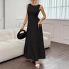 Damen Unifarben Ärmellos Plissiert Rundhals A-Linie Maxikleid Elegant Langes Freizeit-Partykleid
