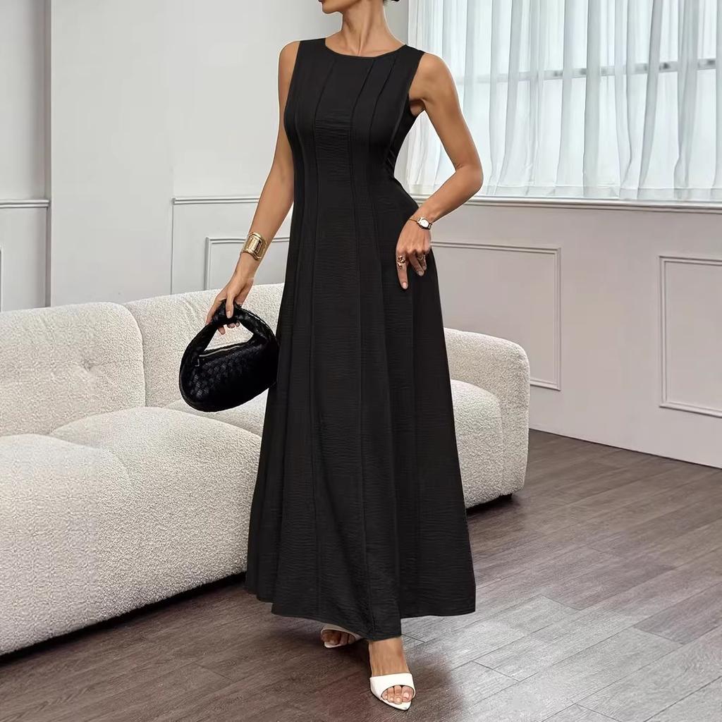 Damen Unifarben Ärmellos Plissiert Rundhals A-Linie Maxikleid Elegant Langes Freizeit-Partykleid